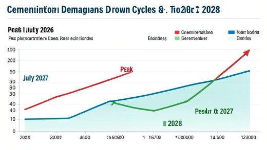 A detailed infographic showing semiconductor demand cycles from 2026 to 2028, with peak in July 2027, showing upward and downward trends with clear data visualization and timeline markers.