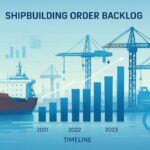 A detailed infographic showing shipbuilding order backlog timeline for 3 years, with cranes and ships in a modern shipyard, digital data visualization overlay