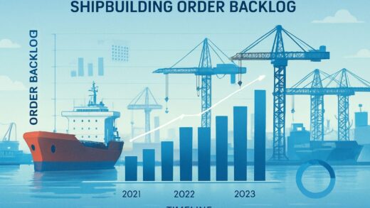 A detailed infographic showing shipbuilding order backlog timeline for 3 years, with cranes and ships in a modern shipyard, digital data visualization overlay