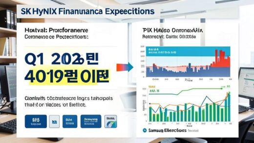 A detailed infographic showing SK Hynix financial performance expectations for Q1 2026 with 40 trillion won highlighted, comparing with Samsung Electronics, in a professional financial analyst office setting with charts and data visualization