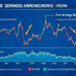A detailed infographic showing SK Hynix stock price pattern around earnings announcements, with arrows indicating pre-earnings rise and post-earnings dip, set against a blue semiconductor-themed background with data visualization elements.
