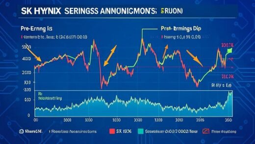 A detailed infographic showing SK Hynix stock price pattern around earnings announcements, with arrows indicating pre-earnings rise and post-earnings dip, set against a blue semiconductor-themed background with data visualization elements.