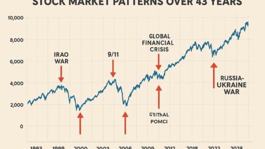 A detailed infographic showing stock market patterns over 43 years, with arrows indicating recovery periods after geopolitical crises. The visual includes a timeline from 1983 to 2026 with highlighted war events and corresponding market movements.