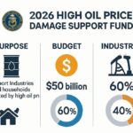 A detailed infographic showing the basic information of 2026 high oil price damage support fund, with government logos, energy symbols, and percentage charts on a clean white background