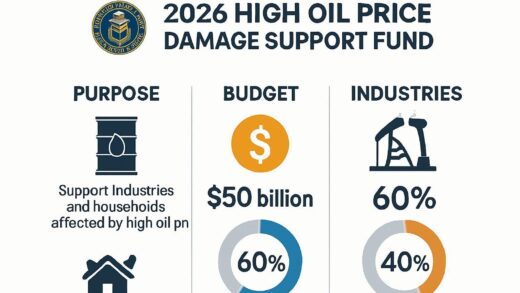 A detailed infographic showing the basic information of 2026 high oil price damage support fund, with government logos, energy symbols, and percentage charts on a clean white background