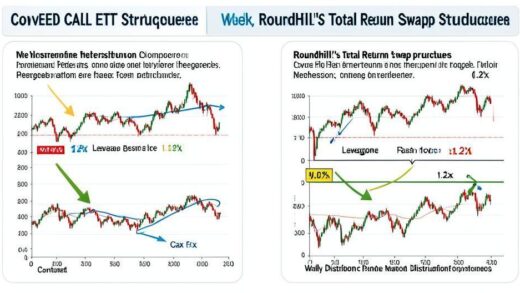 A detailed infographic showing the comparison between covered call ETF structure and Roundhill's total return swap structure, with arrows showing cash flows, leverage mechanism, and weekly distribution payments. Visual elements should include stock charts, contract symbols, and percentage multipliers (1.2x).