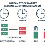 A detailed infographic showing the Korean stock market closing auction mechanism from 3:20 PM to 3:30 PM, with clock faces highlighting key moments, order flow visualization, and institutional vs retail investor activity comparison