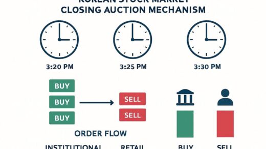 A detailed infographic showing the Korean stock market closing auction mechanism from 3:20 PM to 3:30 PM, with clock faces highlighting key moments, order flow visualization, and institutional vs retail investor activity comparison