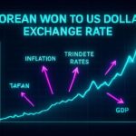 A detailed infographic showing the Korean won to US dollar exchange rate chart skyrocketing above 1500, with arrows pointing to various economic indicators, set in a modern financial data visualization style with dark background and neon glowing elements.