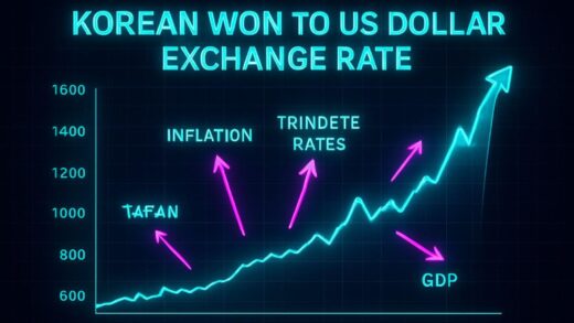 A detailed infographic showing the Korean won to US dollar exchange rate chart skyrocketing above 1500, with arrows pointing to various economic indicators, set in a modern financial data visualization style with dark background and neon glowing elements.