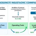 A detailed infographic showing the three-stage profit structure of insurance companies: 1) Premium collection from multiple policyholders, 2) Breakdown of premium into insurance reserves and operating costs, 3) Investment returns from float money, with arrows showing the flow of money and percentages. Corporate style, clean design with blue and green color scheme.