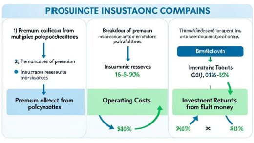 A detailed infographic showing the three-stage profit structure of insurance companies: 1) Premium collection from multiple policyholders, 2) Breakdown of premium into insurance reserves and operating costs, 3) Investment returns from float money, with arrows showing the flow of money and percentages. Corporate style, clean design with blue and green color scheme.