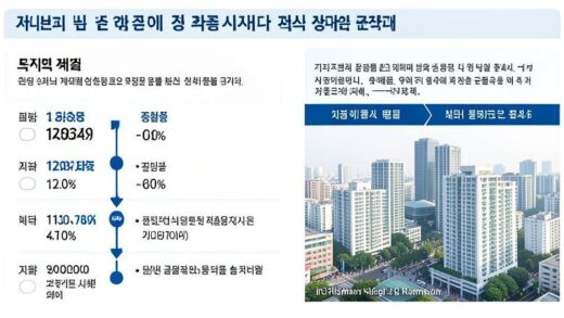 A detailed infographic showing the timeline of long-term holding special deduction policy in Korea, with key dates and percentage benefits, contrasting with rising housing prices in Gangnam district, professional economic analysis style