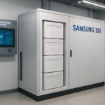 A detailed modern energy storage system (ESS) installation with Samsung SDI branding, showing battery modules in a clean industrial setting with digital monitoring displays, representing future growth in energy storage technology.