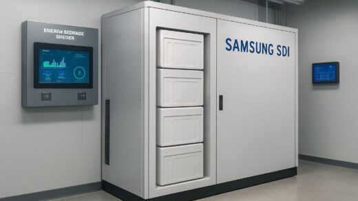 A detailed modern energy storage system (ESS) installation with Samsung SDI branding, showing battery modules in a clean industrial setting with digital monitoring displays, representing future growth in energy storage technology.