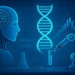 A digital illustration of artificial intelligence and genetic engineering intertwined, with a subtle Wall Street background, showing a futuristic laboratory and stock market graphs.
