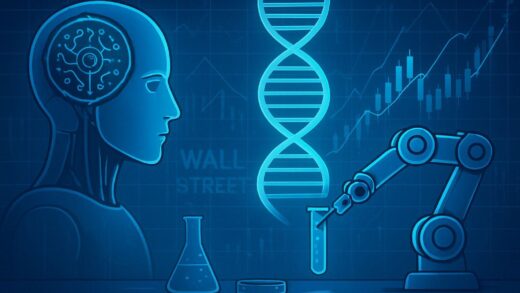 A digital illustration of artificial intelligence and genetic engineering intertwined, with a subtle Wall Street background, showing a futuristic laboratory and stock market graphs.