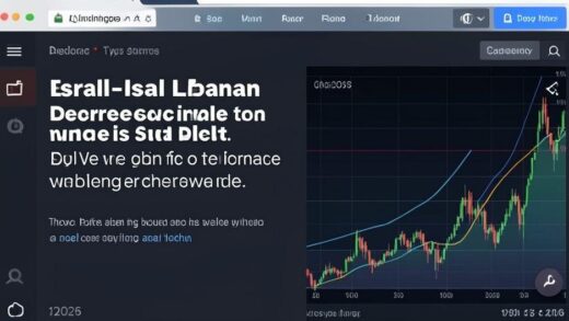 A digital news interface showing a headline about Israel-Lebanon ceasefire, with stock market charts in the background showing upward trends, set in 2026.