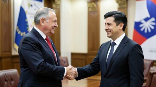 A diplomatic handshake between a Russian and a Korean official, with a subtle backdrop hinting at international relations and economic cooperation, not showing any conflict elements.
