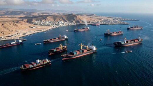 A dramatic aerial view of oil tankers and cargo ships stalled at the Strait of Hormuz, with Middle Eastern coastline in the background, showing geopolitical tension blocking global trade routes.