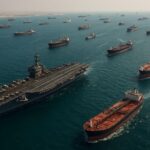 A dramatic aerial view of the Strait of Hormuz with US Navy aircraft carriers and numerous tankers waiting in the Gulf, symbolic tension between military blockade and economic activity, hyper-realistic style with detailed ships and water.