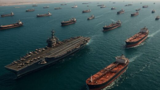 A dramatic aerial view of the Strait of Hormuz with US Navy aircraft carriers and numerous tankers waiting in the Gulf, symbolic tension between military blockade and economic activity, hyper-realistic style with detailed ships and water.