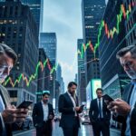 A dramatic financial chart showing interest rates skyrocketing against a backdrop of city buildings, with worried investors looking at their phones, cinematic lighting, hyper-detailed, 8K resolution, futuristic 2026 aesthetic