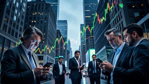 A dramatic financial chart showing interest rates skyrocketing against a backdrop of city buildings, with worried investors looking at their phones, cinematic lighting, hyper-detailed, 8K resolution, futuristic 2026 aesthetic