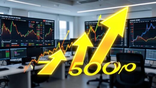 A dramatic financial chart showing KOSPI index soaring towards 7500 point with three large glowing signals arrows pointing upward, modern office background with data screens