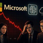 A dramatic financial chart showing Microsoft stock price plummeting against a backdrop of AI and cloud computing symbols, with analysts looking confused and concerned, digital art style with dark and light contrast