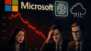 A dramatic financial chart showing Microsoft stock price plummeting against a backdrop of AI and cloud computing symbols, with analysts looking confused and concerned, digital art style with dark and light contrast