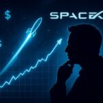 A dramatic financial chart showing rocket trajectory merging with stock market graph, Elon Musk silhouette contemplating, with Spacex logo and dollar signs floating in space background, futuristic tone