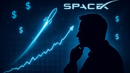 A dramatic financial chart showing rocket trajectory merging with stock market graph, Elon Musk silhouette contemplating, with Spacex logo and dollar signs floating in space background, futuristic tone