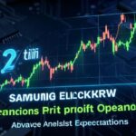 A dramatic financial chart showing Samsung Electronics' operating profit soaring above analyst expectations, with holographic numbers showing 57.2 trillion KRW against a backdrop of semiconductor chips and AI imagery.