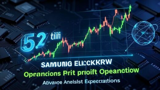 A dramatic financial chart showing Samsung Electronics' operating profit soaring above analyst expectations, with holographic numbers showing 57.2 trillion KRW against a backdrop of semiconductor chips and AI imagery.