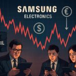 A dramatic financial chart showing Samsung Electronics stock price fluctuating wildly, with geopolitical risk symbols like oil barrels and currency exchange rates affecting the graph, investors watching nervously on tablets and phones
