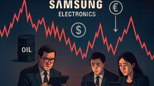 A dramatic financial chart showing Samsung Electronics stock price fluctuating wildly, with geopolitical risk symbols like oil barrels and currency exchange rates affecting the graph, investors watching nervously on tablets and phones