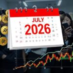 A dramatic financial infographic showing a calendar with July 2026 highlighted in red, surrounded by falling coin-shaped stocks with Korean won symbols, and a graph showing sharp decline in stock prices, with worried investors in the background looking at their mobile devices.
