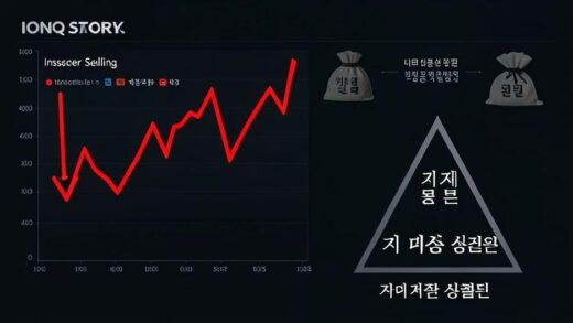 A dramatic financial infographic showing IONQ stock chart with red downward arrows representing insider selling, money bags representing Korean retail investment, and a triangle diagram labeled '자리 매칭 삼각형' (Seat Matching Triangle) in Korean characters, with dark tone and serious atmosphere.