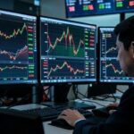 A dramatic financial trading desk scene in 2026 with multiple monitors showing volatile Japanese stock charts, yen exchange rates, and real-time market data, with a focused trader in the foreground observing the screens intensely