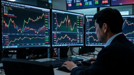 A dramatic financial trading desk scene in 2026 with multiple monitors showing volatile Japanese stock charts, yen exchange rates, and real-time market data, with a focused trader in the foreground observing the screens intensely