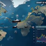 A dramatic geopolitical map showing the Strait of Hormuz with oil tankers, military ships, and tension indicators, global economic impact visualization with oil prices and stock market graphs, professional infographic style