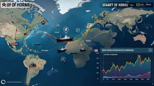 A dramatic geopolitical map showing the Strait of Hormuz with oil tankers, military ships, and tension indicators, global economic impact visualization with oil prices and stock market graphs, professional infographic style