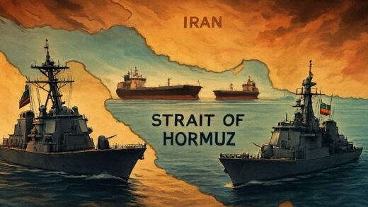 A dramatic geopolitical map showing the Strait of Hormuz with US and Iranian naval ships facing each other, oil tankers in the background, tension visible in the scene, digital art style.