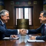 A dramatic geopolitical scene showing American and Iranian diplomats shaking hands at a negotiation table, with oil barrels and currency symbols in the background, representing market impacts.