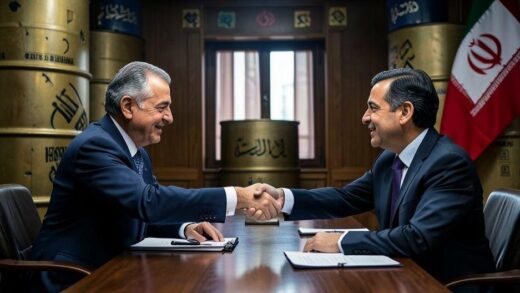 A dramatic geopolitical scene showing American and Iranian diplomats shaking hands at a negotiation table, with oil barrels and currency symbols in the background, representing market impacts.