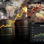 A dramatic global economic visualization showing oil barrels with rising price graphs, conflict imagery in the Middle East, and stagflation warning signs with charts trending downward while prices rise.