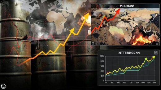 A dramatic global economic visualization showing oil barrels with rising price graphs, conflict imagery in the Middle East, and stagflation warning signs with charts trending downward while prices rise.