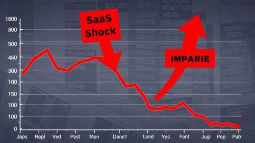 A dramatic graph showing a steep decline in tech stock prices with two large red downward arrows labeled 'SaaS Shock' and 'War Impact', against a backdrop of global financial news headlines.