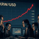 A dramatic graph showing Korean won to US dollar exchange rate rising steeply to 1,500 won, with concerned businesspeople analyzing financial data on multiple screens.